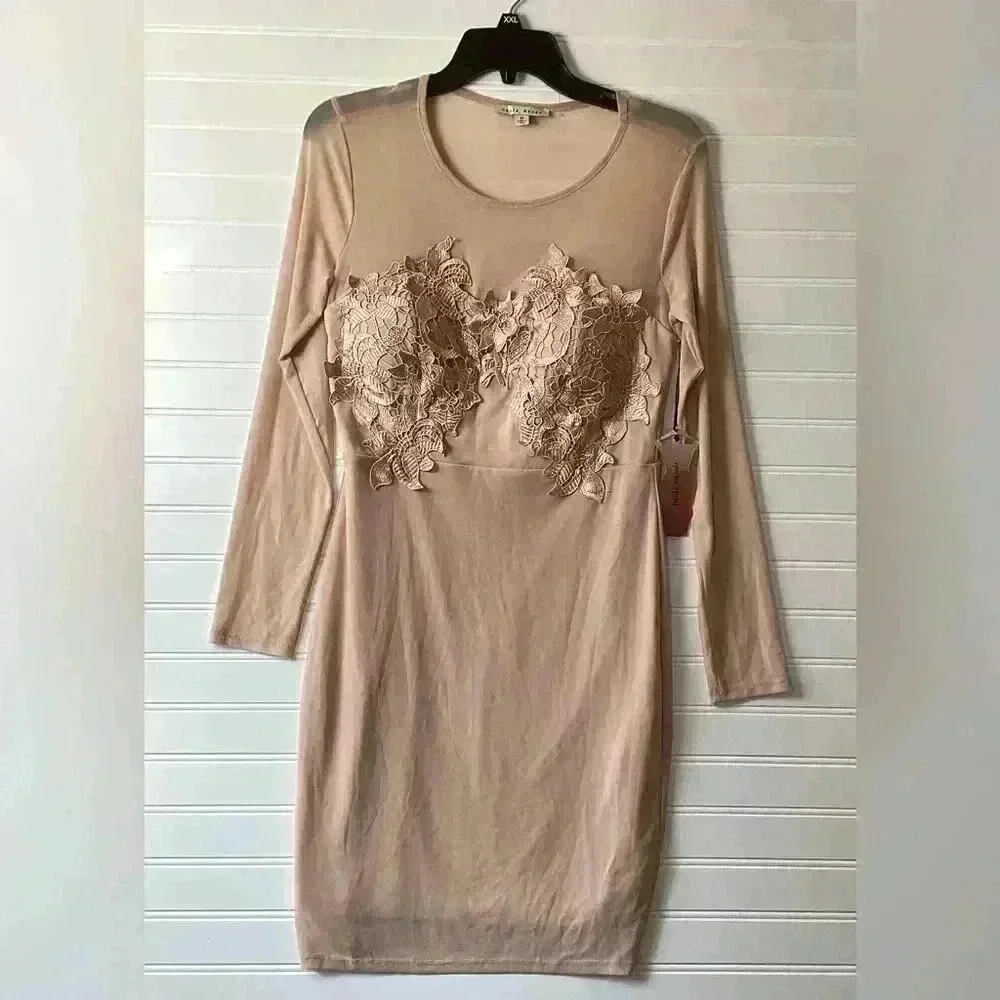 Haute Monde Dresses | Haute Monde Nwt Taupe Sheer Mesh Bodycon Mini Dress Size Medium | Color: Cream/Tan | Size: M | Misoon777's Closet